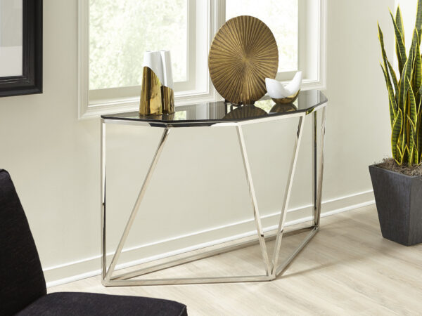 ARIA füstölt üveg és polírozott rozsdamentes acél konzolasztal