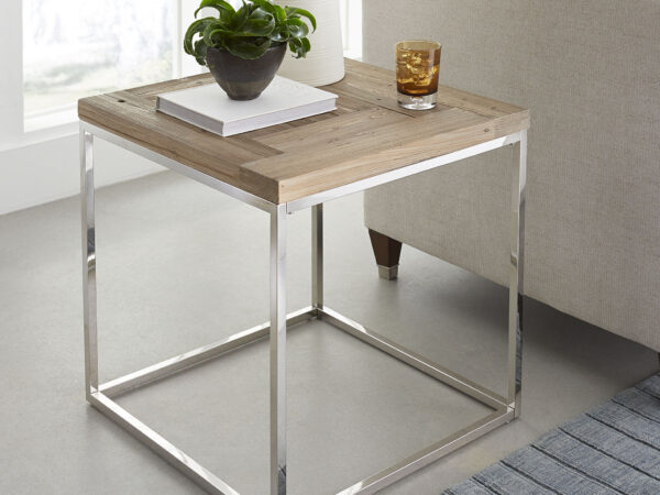 ACE újrahasznosított erdeifenyő és polírozott rozsdamentes acél oldalsó asztal