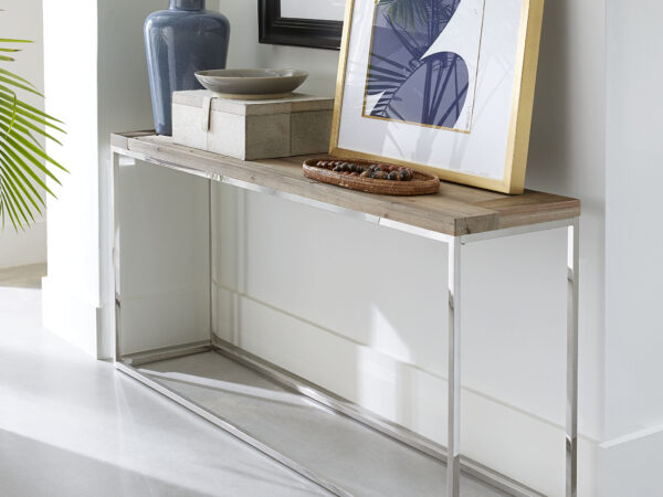 ACE újrahasznosított fenyő és polírozott rozsdamentes acél konzolasztal