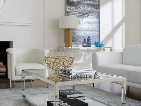 Jasper téglalap alakú dohányzóasztal akrilból, fehér üvegből és polírozott rozsdamentes acélból