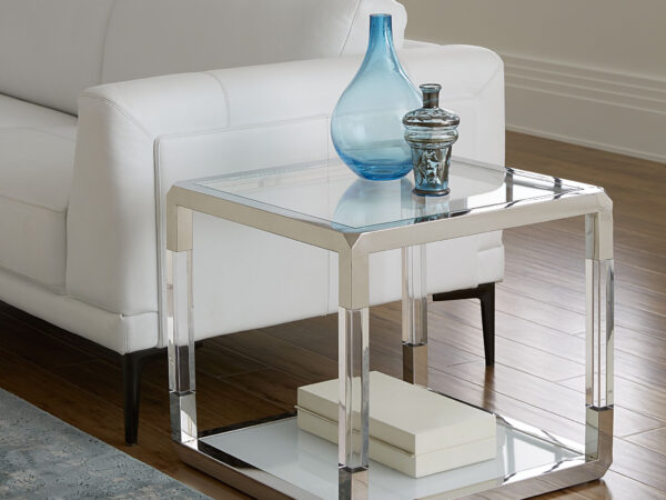 JASPER asztal akrilból, fehér üvegből és polírozott rozsdamentes acélból